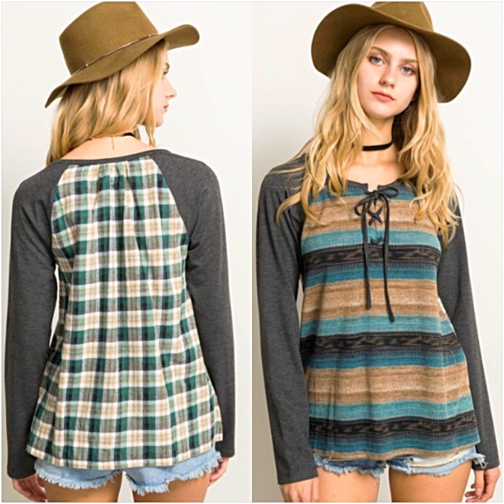 Soft Chic LaceUp Plaid Striped Colorblock Top S - Picture 4 of 8